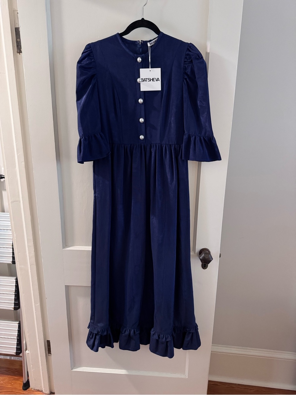 Batsheva Navy Pearl-Button Ruffle Midi Dress